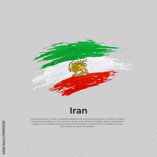 Flag of iran lion and sun. Brush strokes colors of the iranian flag on a white background. Vector design national poster, template. Place for text. State patriotic banner of iran, cover. Copy space