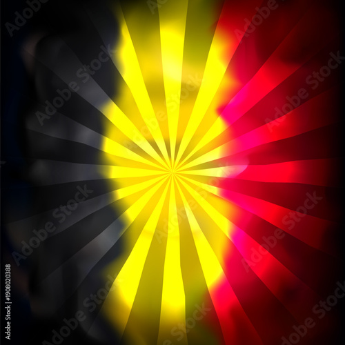 Belgium abstract flag grunge background with sun rays for creative design. Belgian flag color grunge texture. Watercolor dark background. Nation patriotic template. Belgium vector banner design