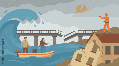 Natural disaster: tsunami, broken bridge, damaged house, people, rescuer