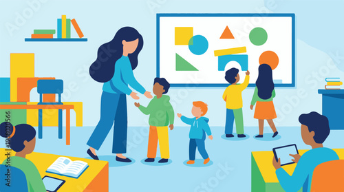 Teacher and diverse children learning geometric shapes in a vibrant classroom