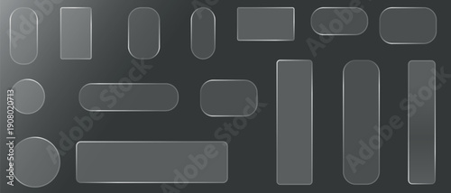 Liquid glass vector buttons and round circle in different shapes. Liquid glass collection of transparent, rounded buttons and shapes, Transparent glass morphism elements set.