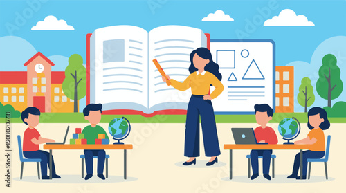 Teacher and diverse students learning in a vibrant school classroom setting