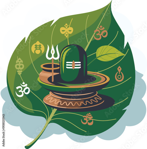 Shiva Lingam on Leaf with Om Symbols, Hindu Deity Representation, Religious Illustration