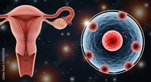 Anatomical view of the female uterus and ovaries with a microscopic image of an ovum and sperm