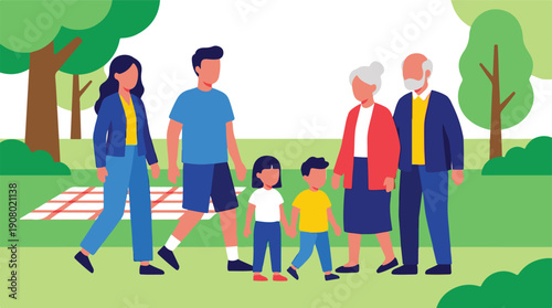Multi-generational family enjoying a walk together in a green park
