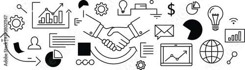 Abstract business concept with icons like handshake, lightbulb, charts, gears, and briefcase, illustrating growth and collaboration
