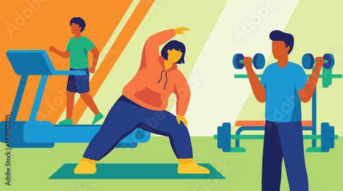 Diverse People Exercising in a Gym with Flat Design Illustration