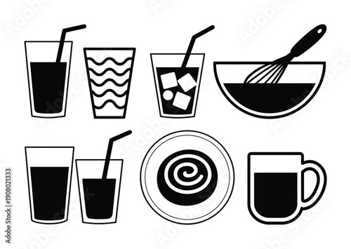 Collection of Black and White Icons: Drinks, Food, and Kitchen Utensils