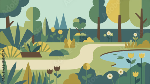Minimalist flat design landscape park with pond and winding path