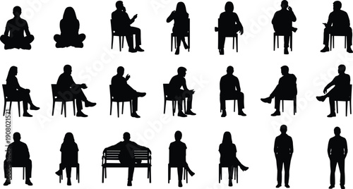 People sitting silhouettes set, men and women seated poses, black human figures collection isolated on white background vector illustration design