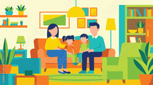 Happy family relaxing on sofa in colorful living room vector illustration