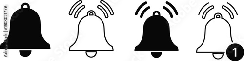 Notification bell icons set, ringing alert symbols with sound waves and message badge, black outline and solid vector illustration