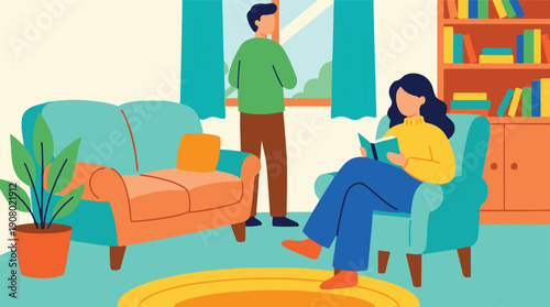 Minimalist illustration of a couple relaxing in a cozy living room