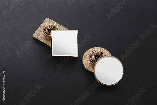 Blank white gold round and square enamel pin mockup, dark background
