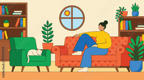 Woman relaxing on sofa in cozy living room with sleeping cat and plants