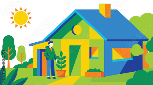 Geometric illustration of a man next to a vibrant house under the sun