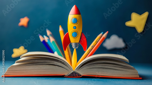 Open book where colored pencils and rocket come out, imagination