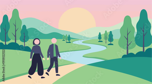 Minimalist illustration of a couple walking in a vibrant park landscape