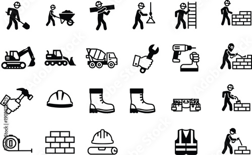 Collection of construction worker icons and tools on a white background Keywords: construction, worker, icon, tool, equipment