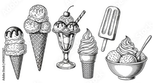 Ice cream set line art sketch raster illustration