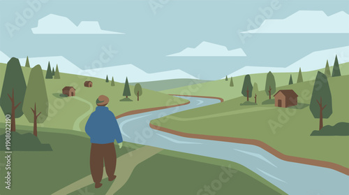 Person walking through a minimalist green valley with river, hills, and cabins