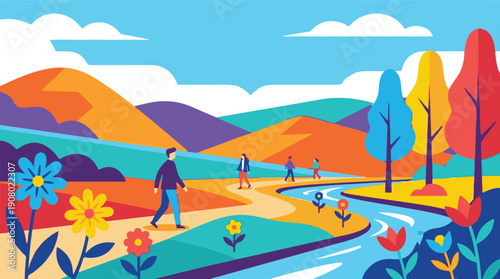 Vibrant Landscape Illustration with People Walking by River and Mountains