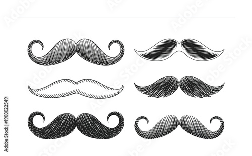 Collection of six hand-drawn mustache illustrations in various styles