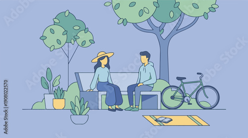 Couple relaxing on park bench amidst nature with bicycle and plants