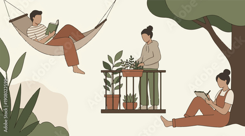 People enjoying leisure activities outdoors, reading, gardening, and drawing