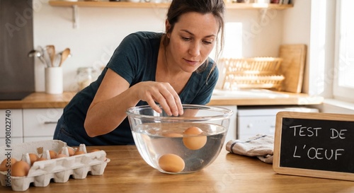 Femme testant la fraîcheur des œufs dans un bol d'eau