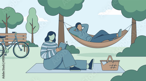 Illustration of people enjoying leisure time outdoors in a park