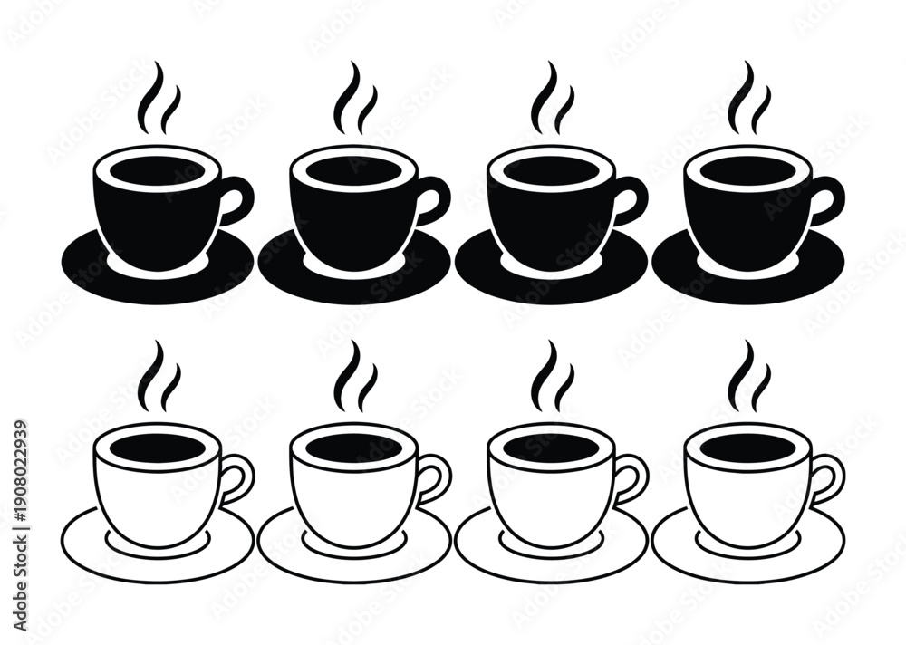 Obraz premium Eight Steaming Cups of Coffee on Saucers, Black and White Icons