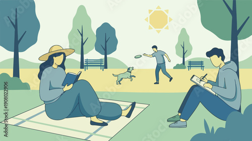 Park leisure activities: reading, drawing, playing with dog on a sunny day