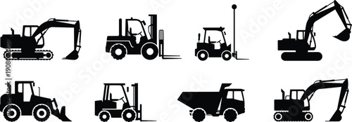 construction, machinery, silhouettes, vector, set, excavator, forklift, loader, dumper, truck, heavy, equipment, industrial, vehicles, black, icons, engineering, building, transport, illustration
