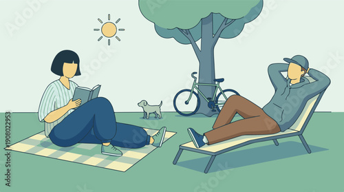 Peaceful park day: woman reads, man relaxes, dog wanders by a tree