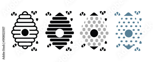 Four stylized beehive icons with varying patterns and colors