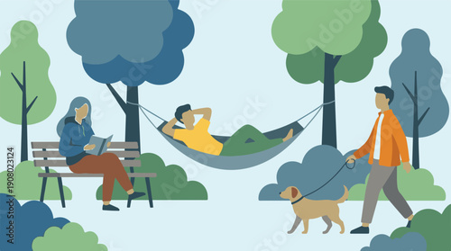 People enjoying various leisure activities in a park, flat illustration