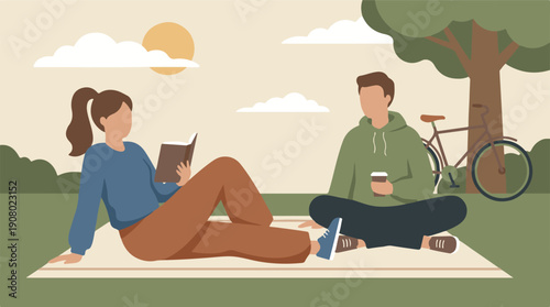 Two people relaxing in a park, reading a book and enjoying coffee