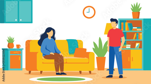 Couple in modern minimalist living room with colorful furniture and decor