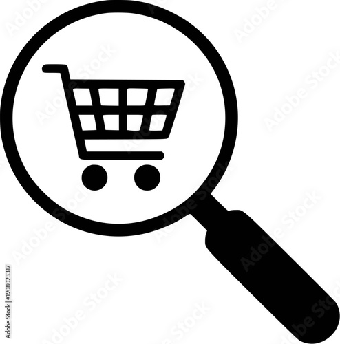 Magnifying glass over a shopping cart icon, symbolizing online shopping search and discovery