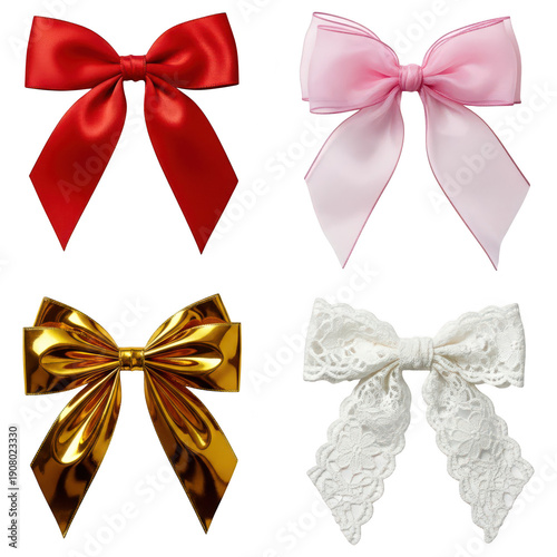 A collection of four decorative bows featuring a glossy red satin, sheer pink organza, metallic gold foil, and intricate white lace textures. isolated PNG with Transparent Background
