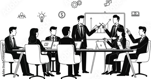 Business meeting in progress, with team members at a table, discussing charts, using laptops, and making a deal