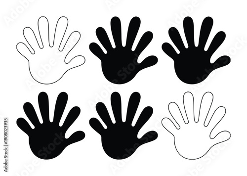 Six Hand Silhouettes: Three Black, Three White Outline