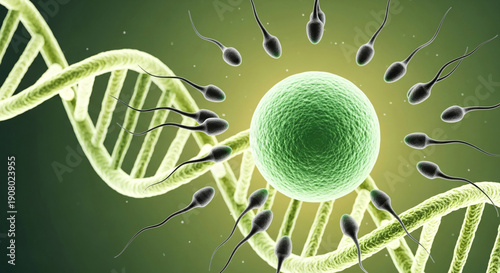 Biological process of human conception showing sperm around an egg and DNA helix