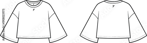 Bild auf Leinwand Front and Back Line Art Drawing of a Cropped Long- Sleeve T- Shirt t-shirt cloth