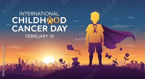 A child silhouette wearing a cape stands bravely against a vibrant sunset skyline celebrating International Childhood Cancer Day.