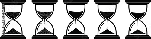 Hourglass timer stages illustration, sand clock sequence showing time passing, countdown concept black silhouette vector isolated design minimal style set
