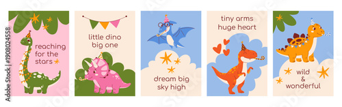 Cute birthday card collection with dinosaurs Triceratops, Brachiosaurus, Pterodactyl, Tyrannosaurus, Stegosaurus in party hats. Modern retro flat vector illustration set for kids party, poster