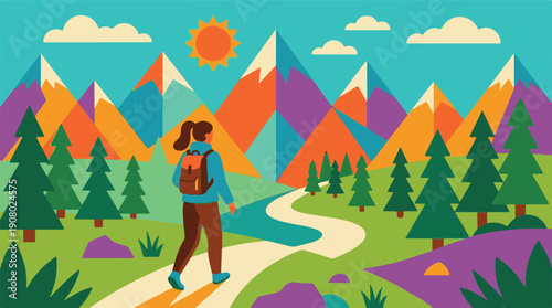 Hiker on winding path through vibrant flat design mountain landscape