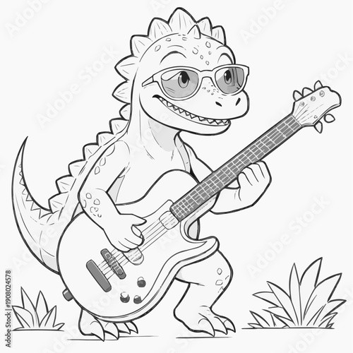 Cool dinosaur playing guitar in sunglasses, black and white illustration for coloring